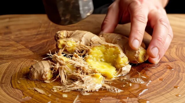 Chef's Hammer Crushes and Breaks Fresh Ginger Root on Wooden Board