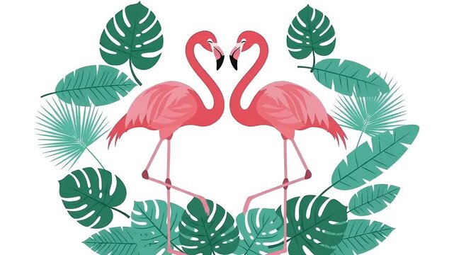 Two Pink Flamingos Forming Heart Shape Surrounded by Tropical Leaves