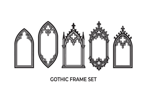 gothic architectural frames and borders featuring pointed arches, trefoil ornaments, celtic knotwork, and shield shapes rendered in a clean black line vector style.