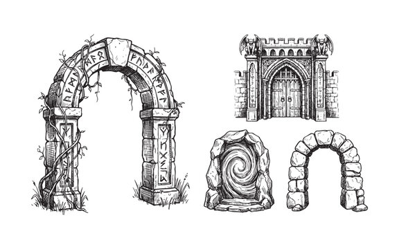 fantasy illustration set depicting four distinct stone arches and gateways, including a rune-inscribed ruin, a sturdy wooden castle door, a magical swirling portal, and a crumbling stone entrance