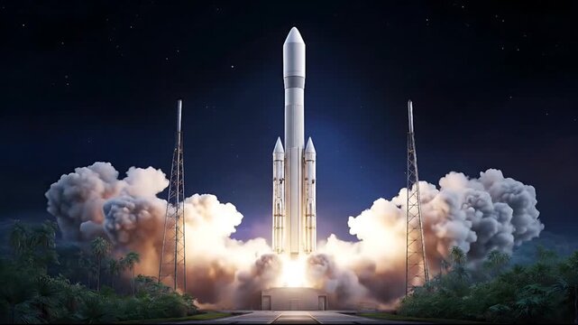 Rocket lifting off from launchpad with smoke and flames surrounding it at night under stars