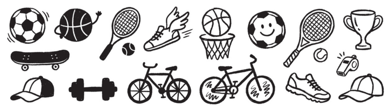 Set of hand drawn doodle icons featuring various sports equipment balls and accessories.