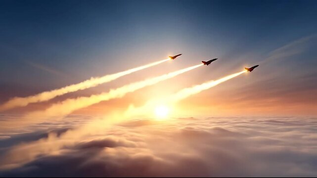 Three jets flying in formation through clouds at dramatic sunset viewed from above with contrails
