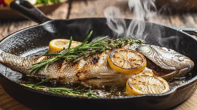 Cooking Sea Bream Fish With Lemon and Rosemary in Pan