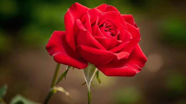 Close-up of a vibrant red rose blooming in a garden with a soft green background.