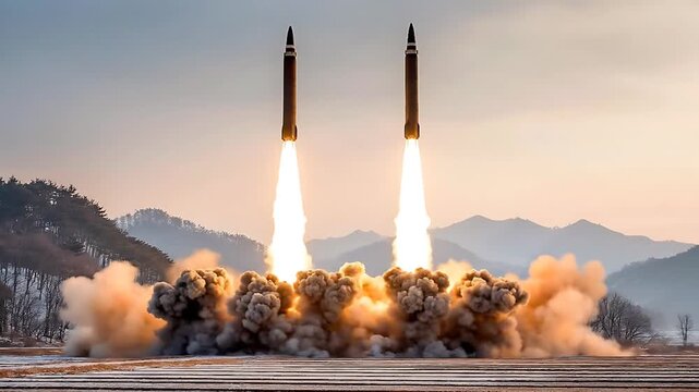 Two rockets launching from a launchpad amidst smoke and flames with mountains in the background at dusk with a clear sky