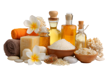 Relaxing spa products with flowers and towels on black background