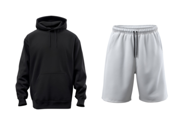 Black hoodie and white shorts laid out on black background