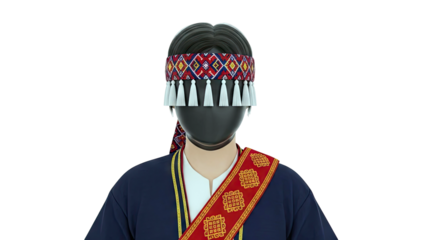 Mannequin in traditional attire with beaded headband and sash