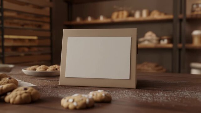 Blank picture frame on a wooden table with cookies and baked goods in the background.