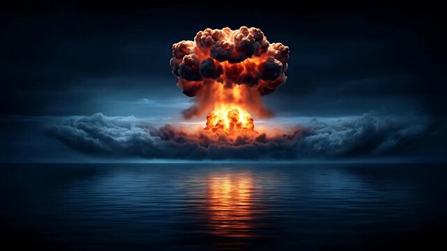 A massive nuclear explosion occurs over the ocean, viewed from a distance with a dark cloudy sky
