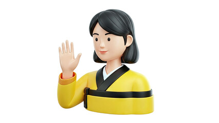 3D Animated Woman Waving Hello in Yellow Korean Hanbok