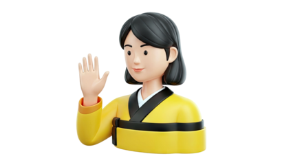 3D Animated Woman Waving Hello in Yellow Korean Hanbok