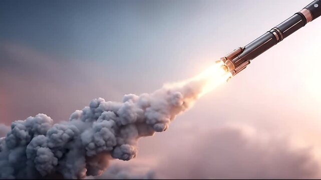 Rocket launches into cloudy sky with fiery propulsion and smoke trail visible from low angle viewpoint