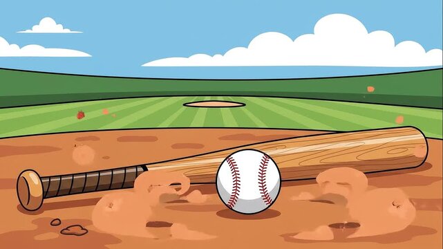 Baseball Bat and Ball on Infield Cartoon Background