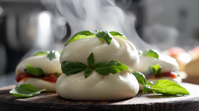 Steaming Hot Baos With Fresh Basil on a Wooden Board, Close Up