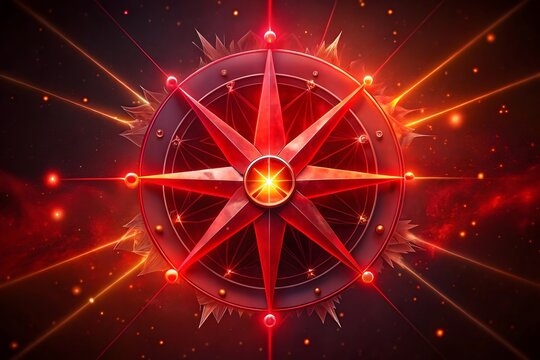 Mystical red compass guiding through cosmic starlight and nebula