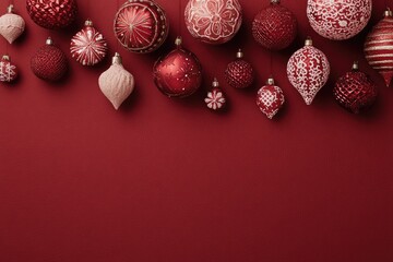 Festive arrangement of various red and pink Christmas ornaments suspended against a deep red background