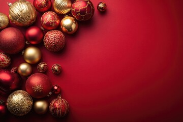 Festive red background with scattered gold and red holiday ornaments
