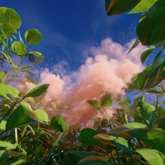 Low-angle shot depicts a vibrant cloud of pink smoke amidst lush green foliage against a blue sky