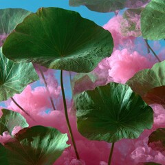 Vibrant lotus leaves amidst soft pink smoke against a serene blue sky