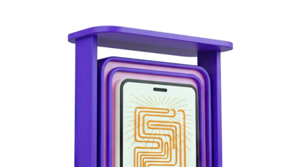 Abstract Render: Smartphone with Orange Geometric Design within Purple Structure
