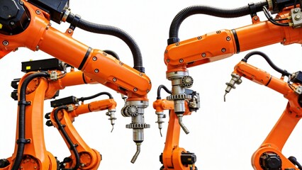 Orange robotic arms in industrial setting