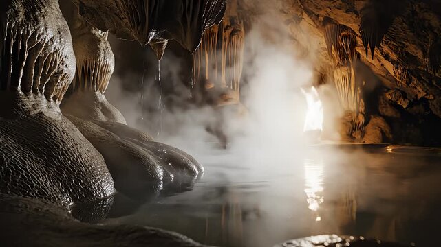 Water Vapor Rises in Mystical Cave With Stalactites and Rock Formations
