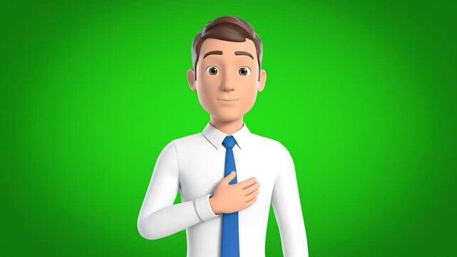 3D cartoon man with open hand, wearing a white shirt and blue tie, on a green background