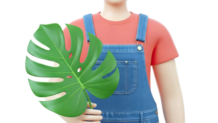 Person in Overalls Holding a Monstera Leaf