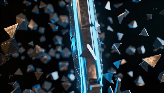 Abstract 3D data fragments assembling into solid shield for safer internet day tech transformation and cyber protection concept