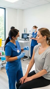 Medical professional in blue scrubs administers vaccination to a seated female patient in a clinical setting with care
