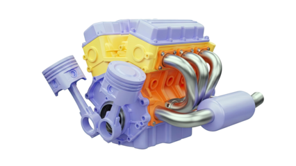 Colorful 3D Render of a Car Engine with Pistons and Exhaust Manifold