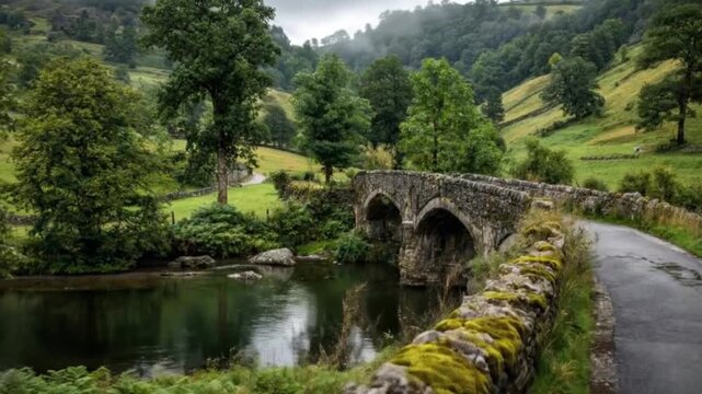 This serene landscape showcases an ancient, multi-arched stone bridge gracefully spanning a tranquil river, its calm waters reflecting the lush, verdant surroundings. The scene is framed by rolling gr