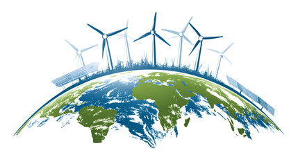 Vector logo of the earth with solar panels and wind turbines and lorem text, stock illustration on a white background