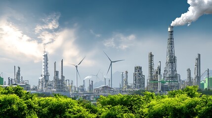 Obraz premium Awesome photo of eco-friendly industrial complex with wind turbines and green forest.