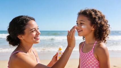 Woman applying sunscreen to girl at beach
