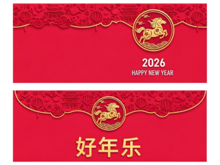 Elegant 2026 year of the horse chinese new year banner with traditional red and gold design