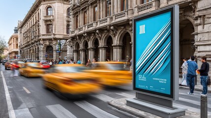 Obraz premium Urban Advertisement Display: An urban advertisement display showcases its content amidst a bustling city scene, with blurred motion blurring across the yellow taxis and pedestrians. 