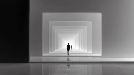 Obraz premium figures walking through repeating geometric corridor toward a luminous vanishing point, conveying depth, explore, modern architecture, and the quiet journey toward the unknown