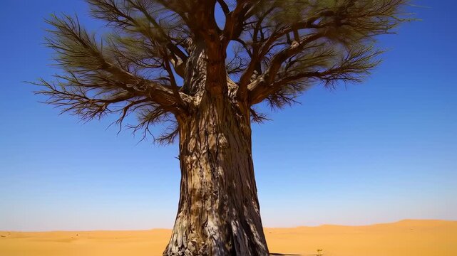 Serene desert landscape with a majestic tree under a clear blue sky timelapse