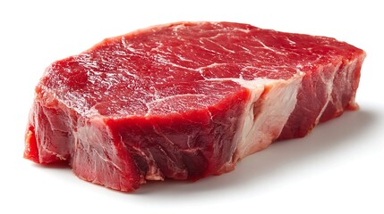 Single raw beef steak cut with visible muscle fibers and fat edges, horizontal orientation, isolated on white background