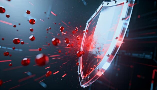 digital 3D shield blocking red glitch particles for safer internet day malware protection and cyber defense background