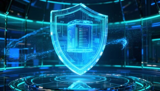 glowing 3D digital shield protecting data core for safer internet day cyber security and database protection background
