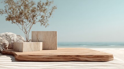 Awesome photo of irregular wooden platform with marble blocks and tree on beach background.