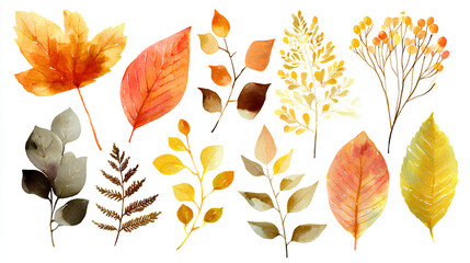 Fototapeta premium Watercolor autumn leaves and fall elements set, stock illustration on a white background