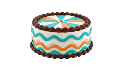 Birthday Cake with Orange, Teal, and White Frosting Waves