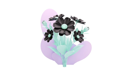 3D render of a bouquet of black flowers with mint green leaves and buds