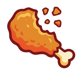 Bitten crispy fried chicken drumstick illustration showing meat texture and falling crumbs, eaten fast food vector.