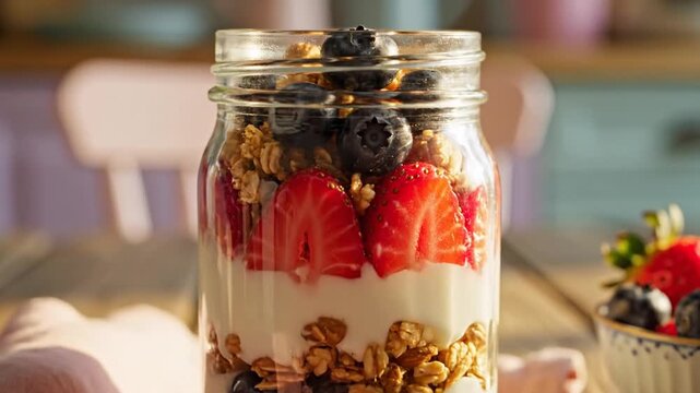 Delicious Breakfast Parfait Layers Of Fresh Berries Granola And Creamy Yogurt Presentation In Jar
